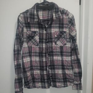 Hurley Women's Black and Pink Plaid Button Down Shirt